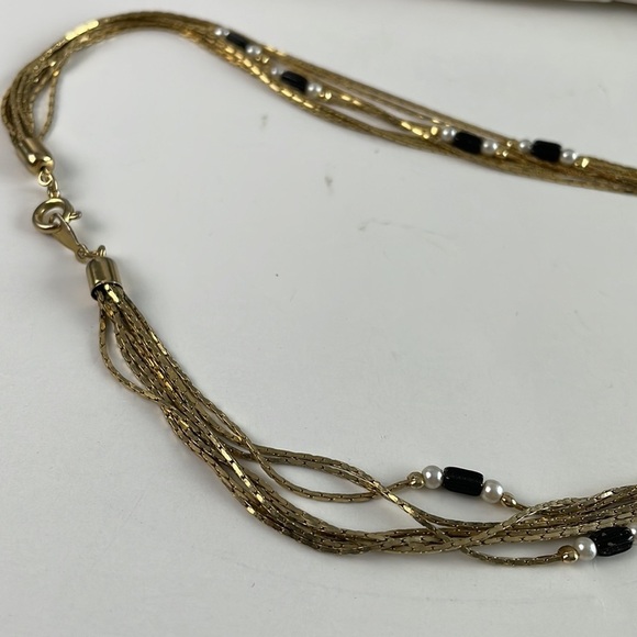 Multi Strand Gold Tone Pearls and Black Beads - Picture 7 of 10